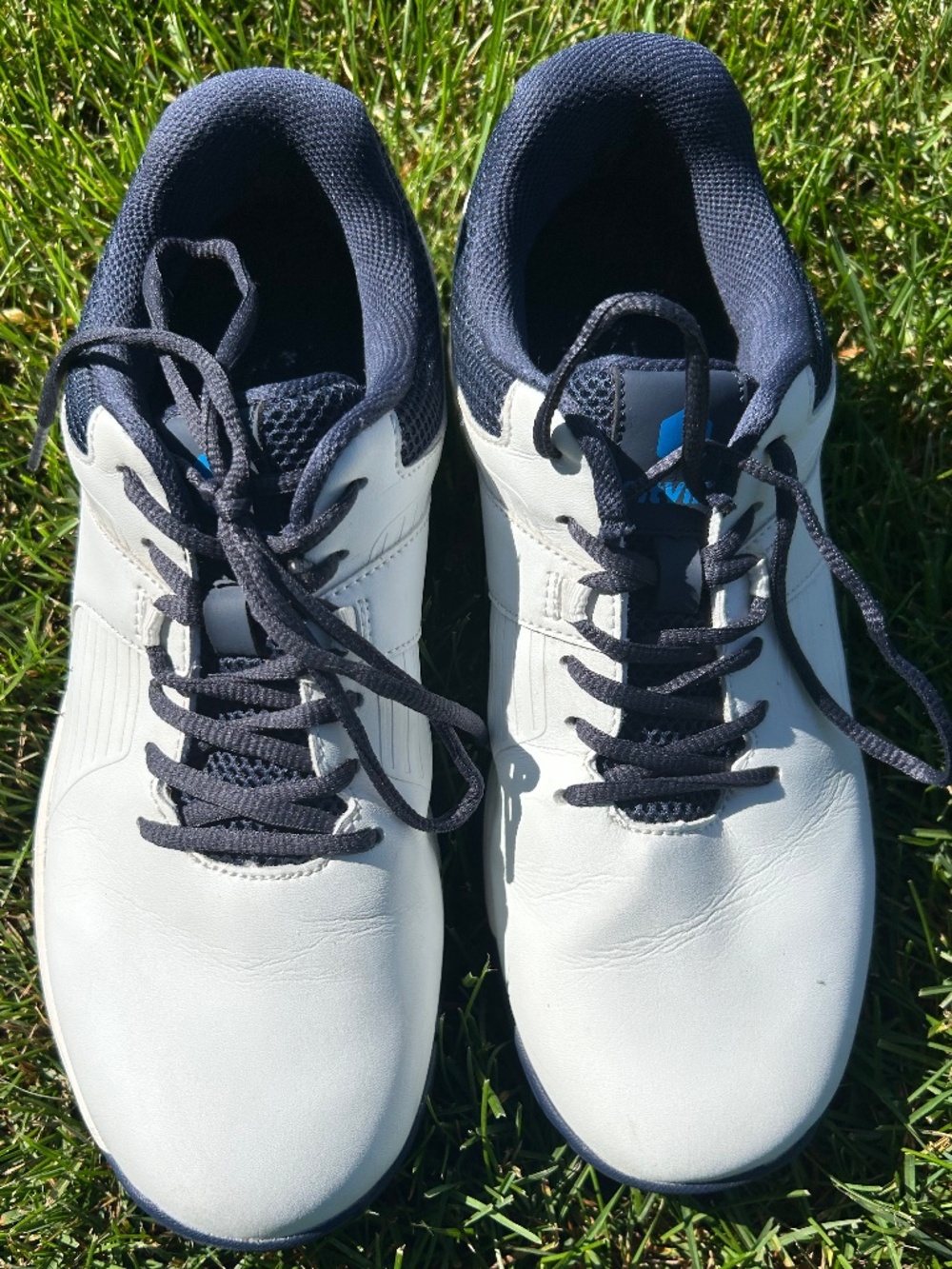 FitVille Mens SpeedEx V4 Golf Shoes Size 11W Wide White Navy Waterproof Spiked